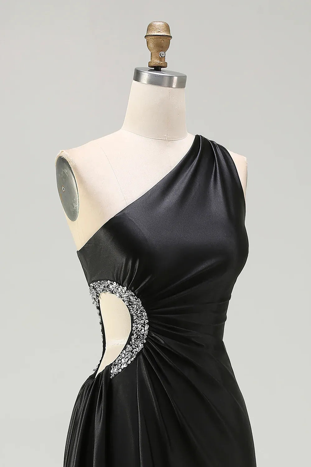 Elegant Sheath One-Shoulder Cutout Beaded Black Maxi Evening Dress For Sale