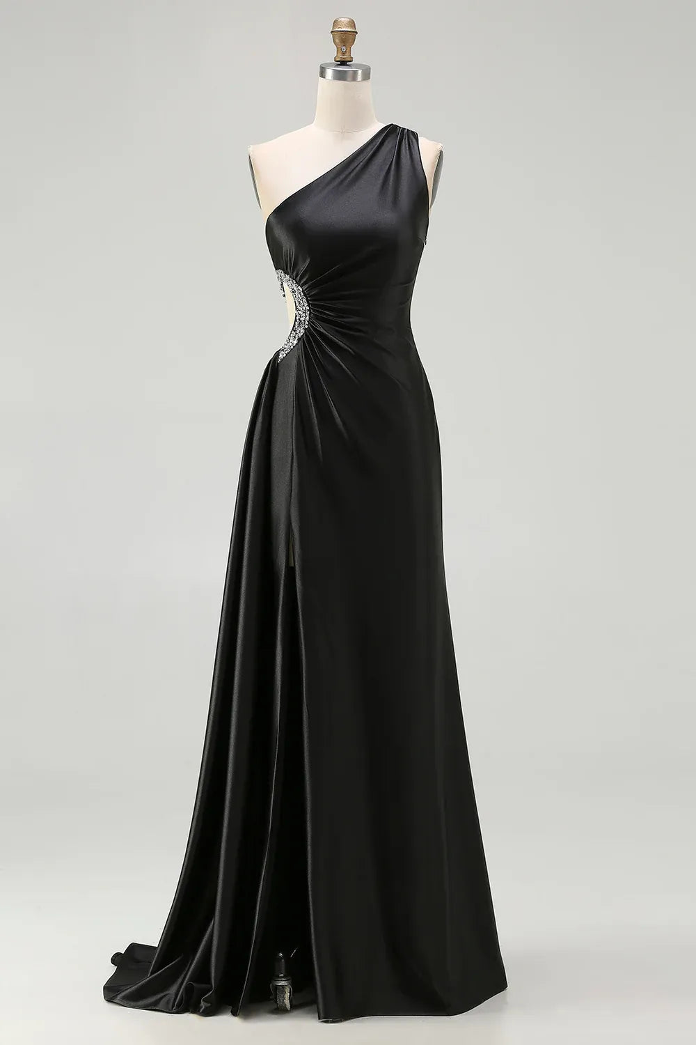 Elegant Sheath One-Shoulder Cutout Beaded Black Maxi Evening Dress For Sale