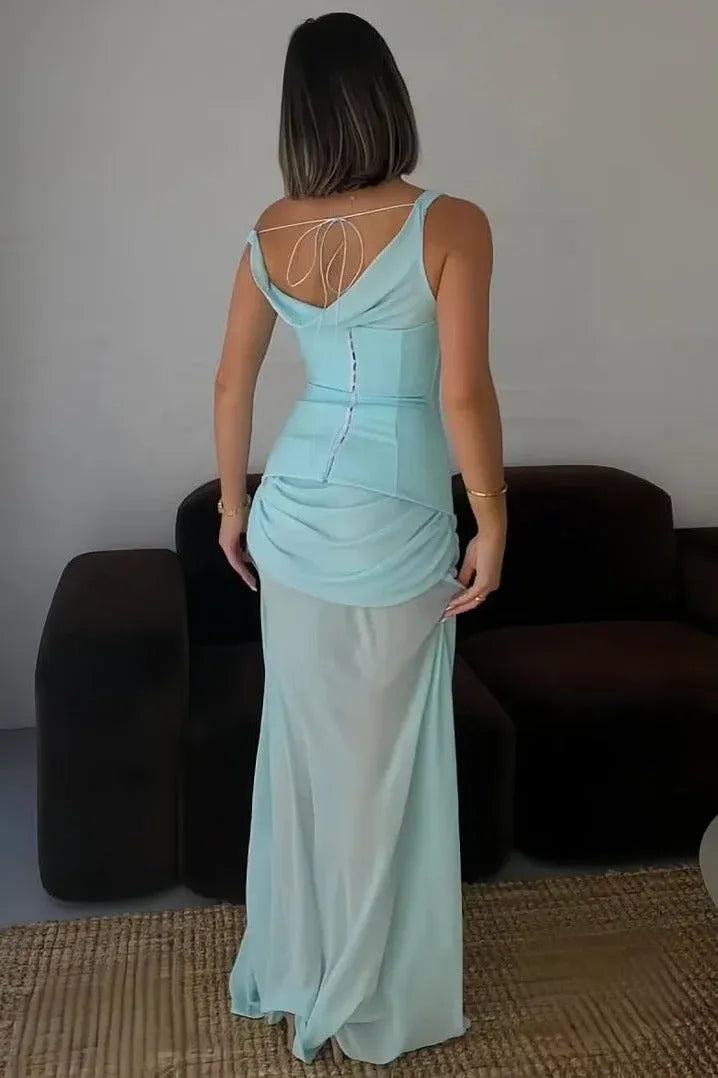 Elegant Sheath One-Shoulder Ruched Cowl Back Light Blue Prom Dress