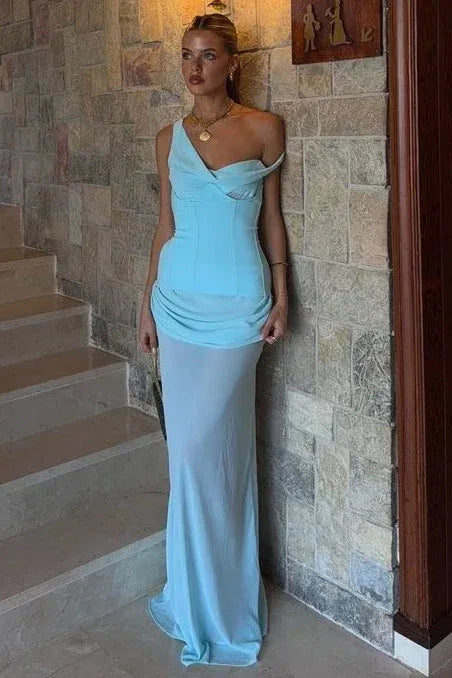 Elegant Sheath One-Shoulder Ruched Cowl Back Light Blue Prom Dress