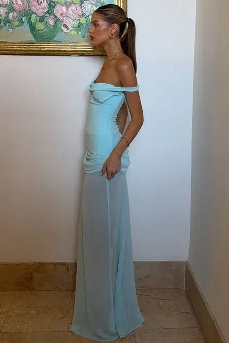 Elegant Sheath One-Shoulder Ruched Cowl Back Light Blue Prom Dress