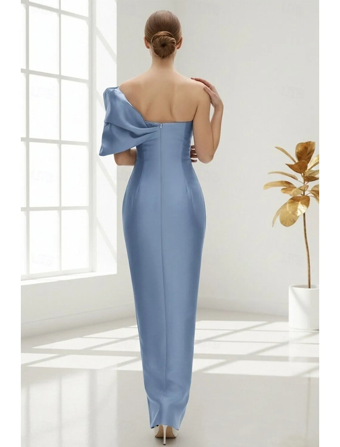 Elegant Sheath One-Shoulder Ruched Dusty Blue Floor-Length Prom Dress For Women Ready To Ship
