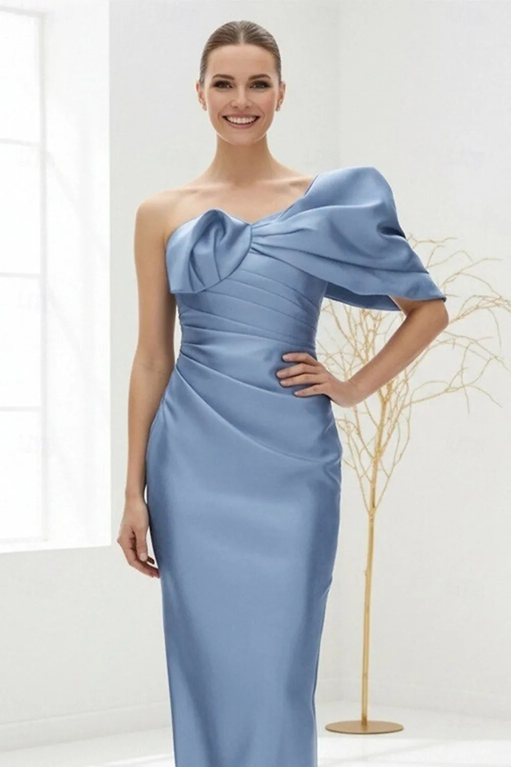 Elegant Sheath One-Shoulder Ruched Dusty Blue Floor-Length Prom Dress For Women Ready To Ship