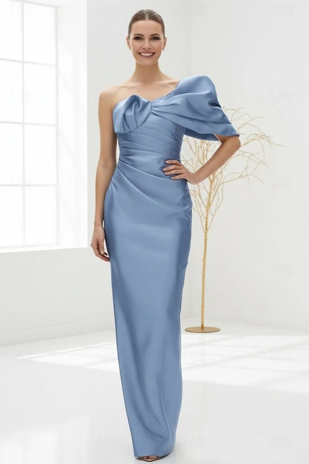 Elegant Sheath One-Shoulder Ruched Dusty Blue Floor-Length Prom Dress For Women Ready To Ship