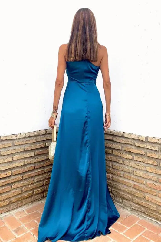 Elegant Sheath One Shoulder Ruched Slit Teal Floor-Length Prom Dress For Women