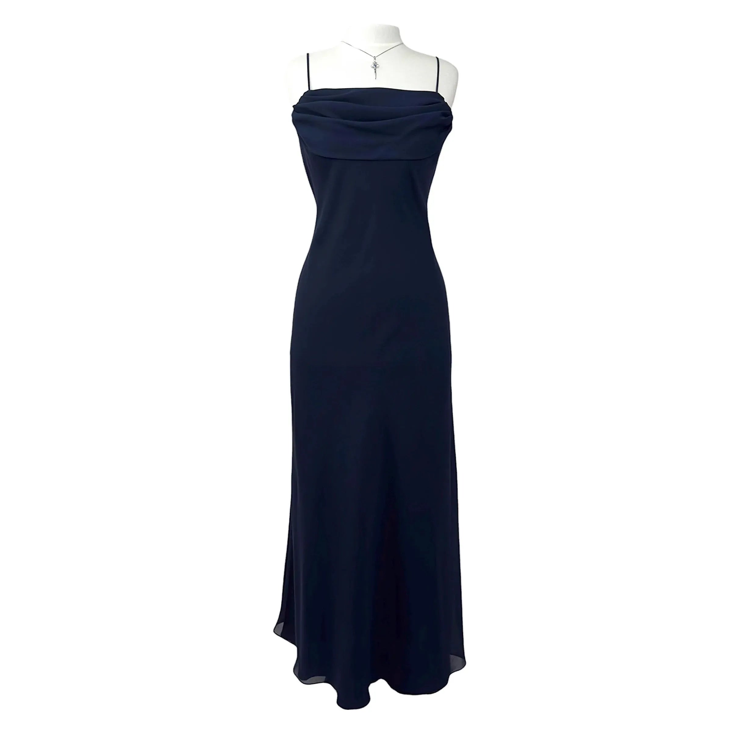 Elegant Sheath Spaghetti Strap Ruffle Chiffon Navy Floor-Length Prom Dress Custom