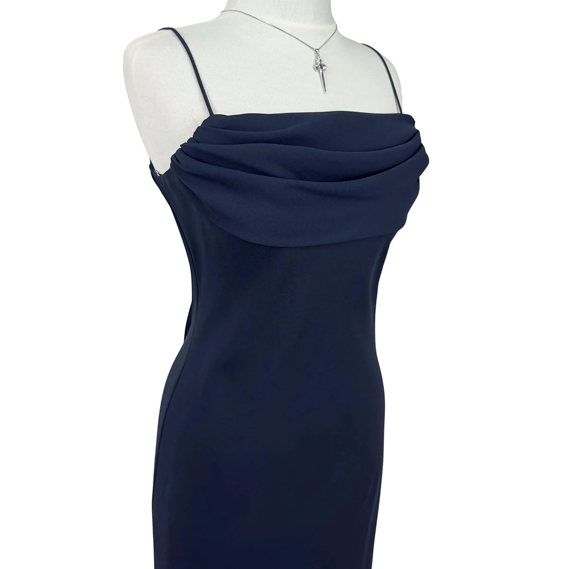 Elegant Sheath Spaghetti Strap Ruffle Chiffon Navy Floor-Length Prom Dress Custom