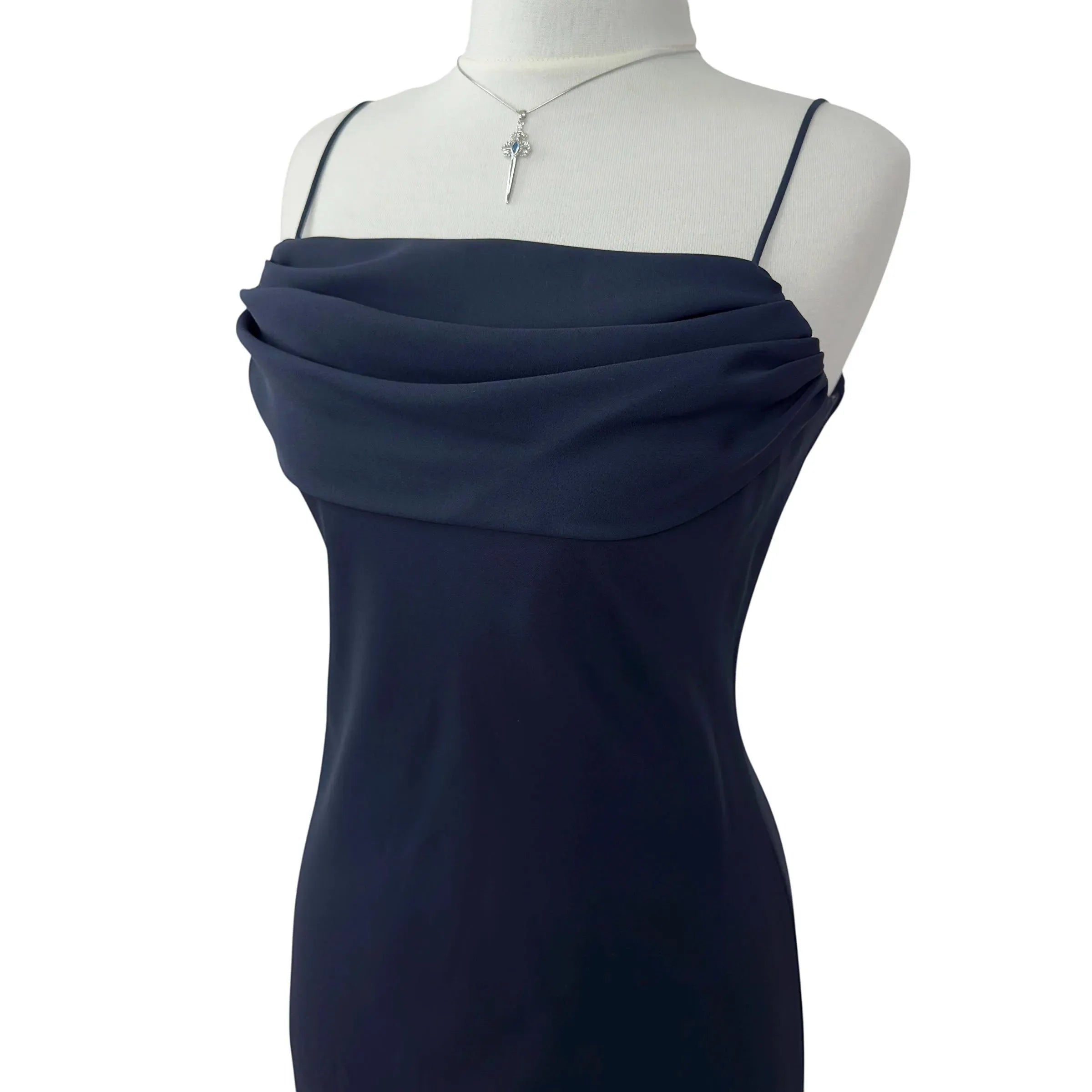 Elegant Sheath Spaghetti Strap Ruffle Chiffon Navy Floor-Length Prom Dress Custom