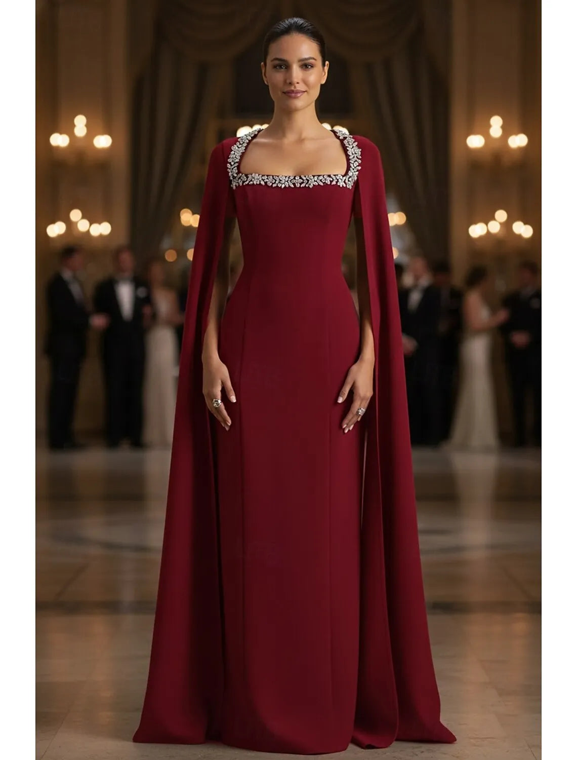 Elegant Sheath Square Neck Crystal Embellished Cape Burgundy Floor Length Evening Dress For Sale