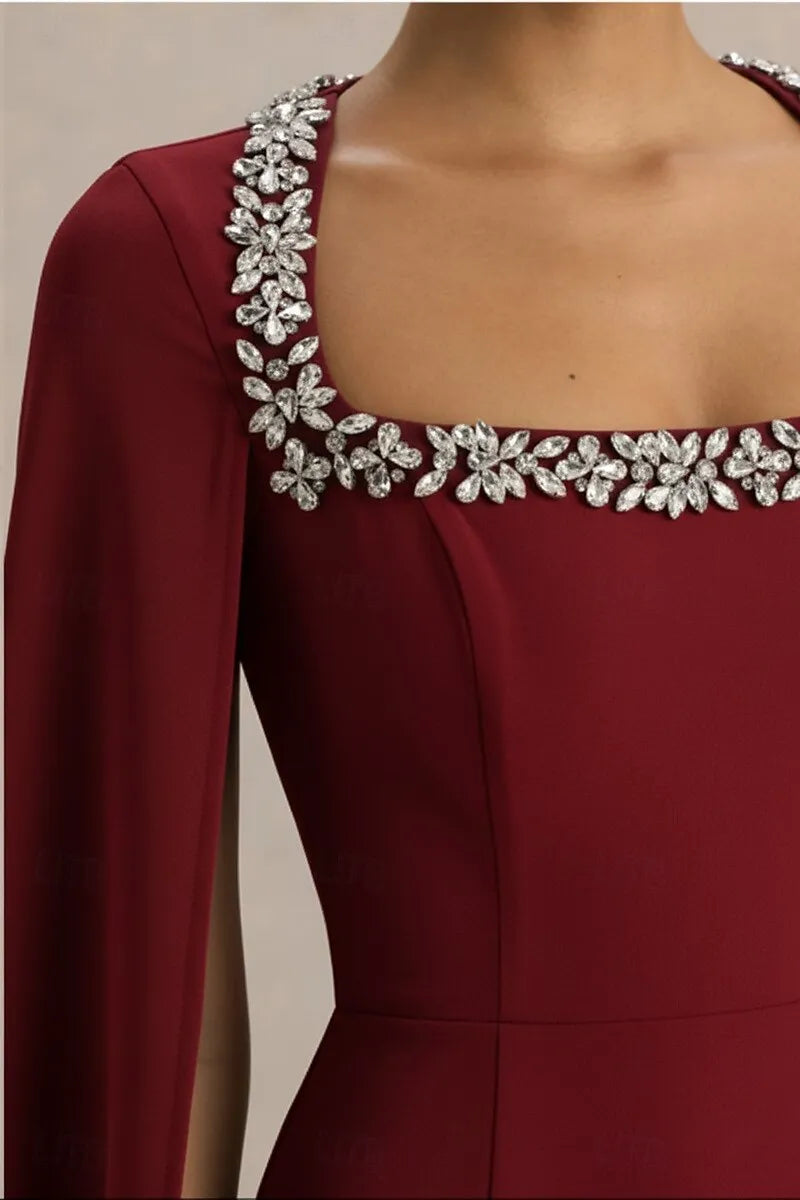 Elegant Sheath Square Neck Crystal Embellished Cape Burgundy Floor Length Evening Dress For Sale