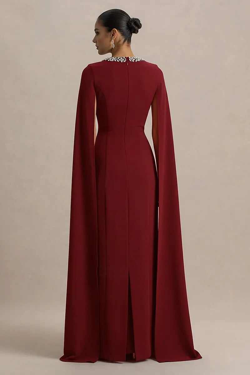 Elegant Sheath Square Neck Crystal Embellished Cape Burgundy Floor Length Evening Dress For Sale