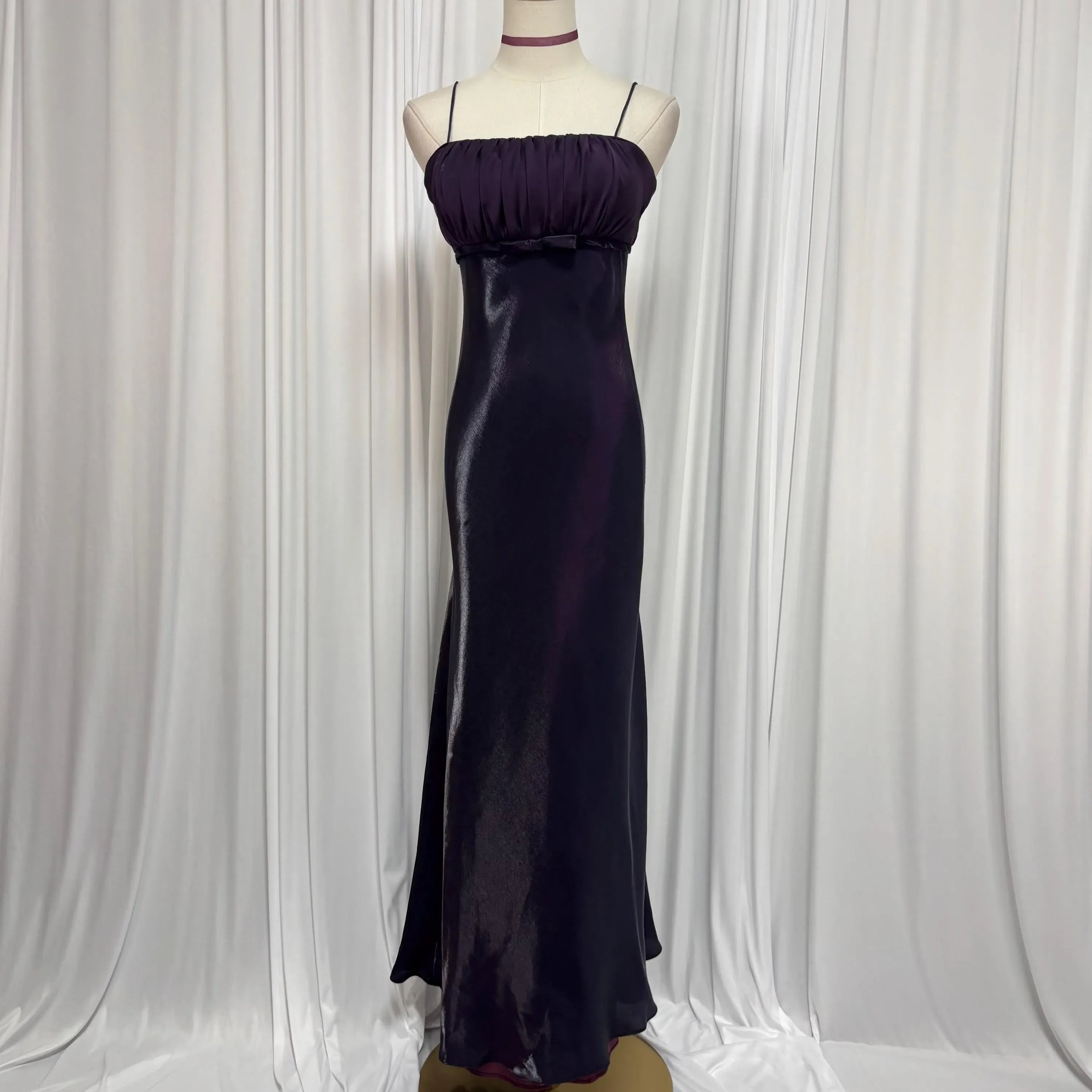 Elegant Sheath Spaghetti Straps Pleated Dark Purple Long Prom Dress With Bow