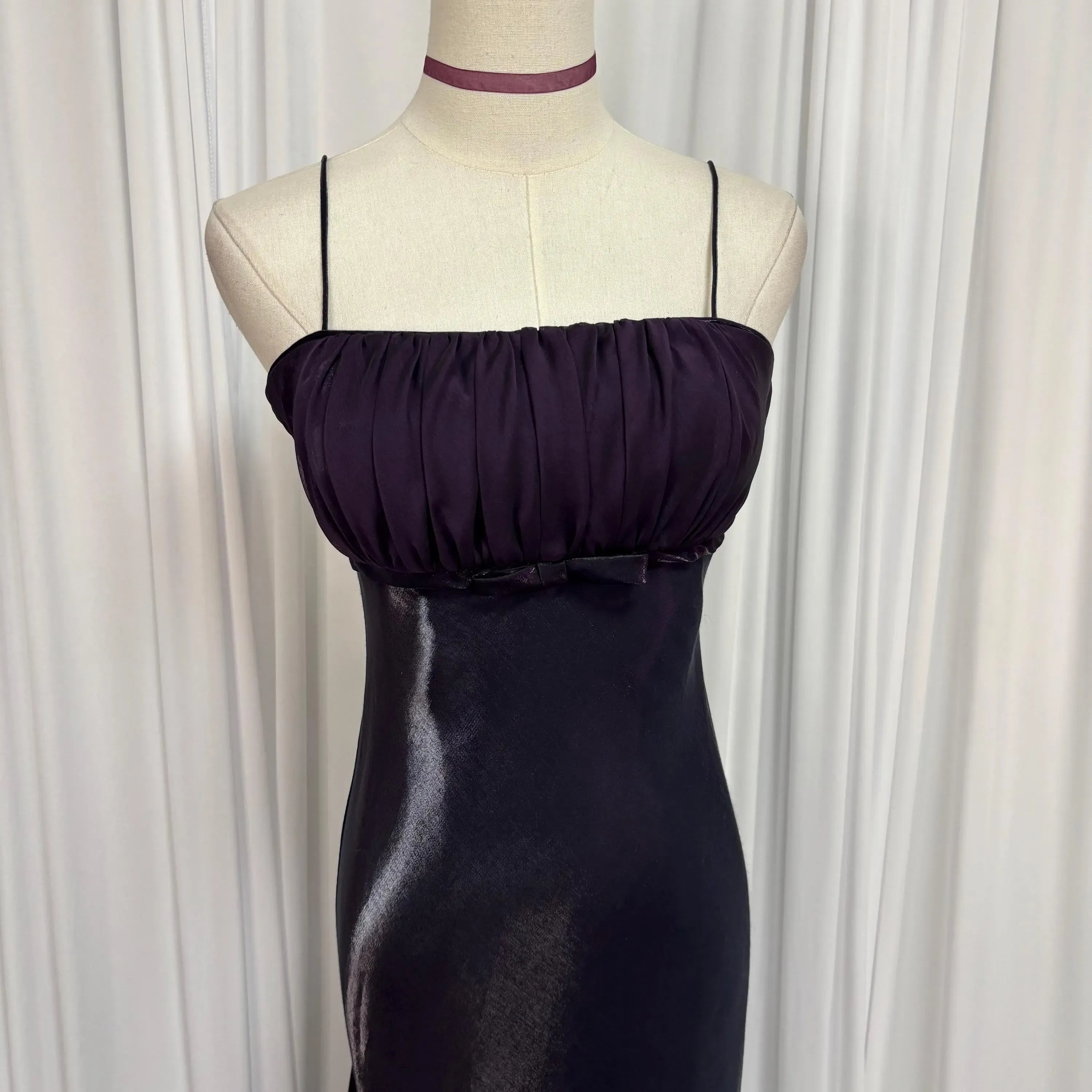 Elegant Sheath Spaghetti Straps Pleated Dark Purple Long Prom Dress With Bow