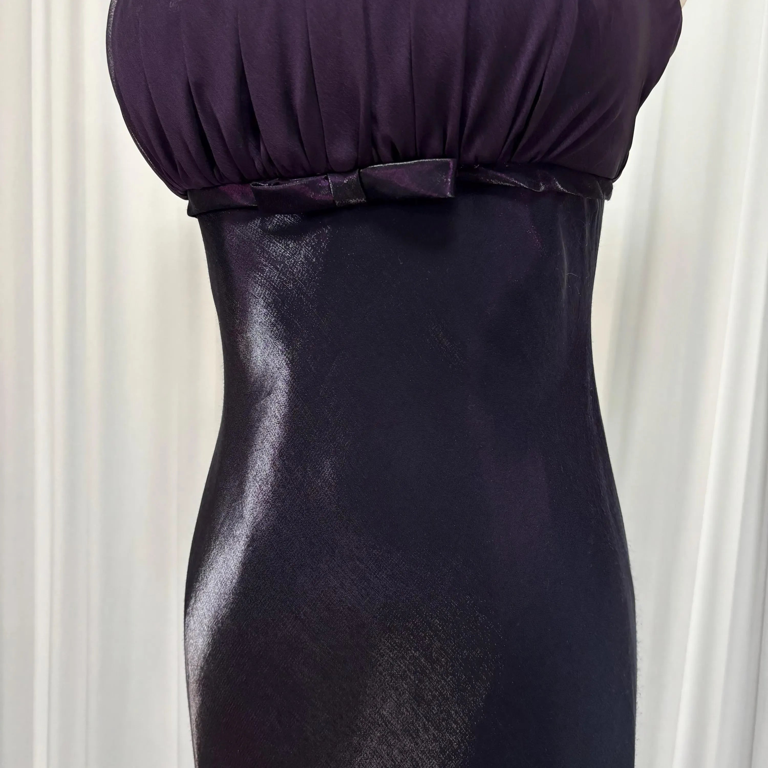 Elegant Sheath Spaghetti Straps Pleated Dark Purple Long Prom Dress With Bow