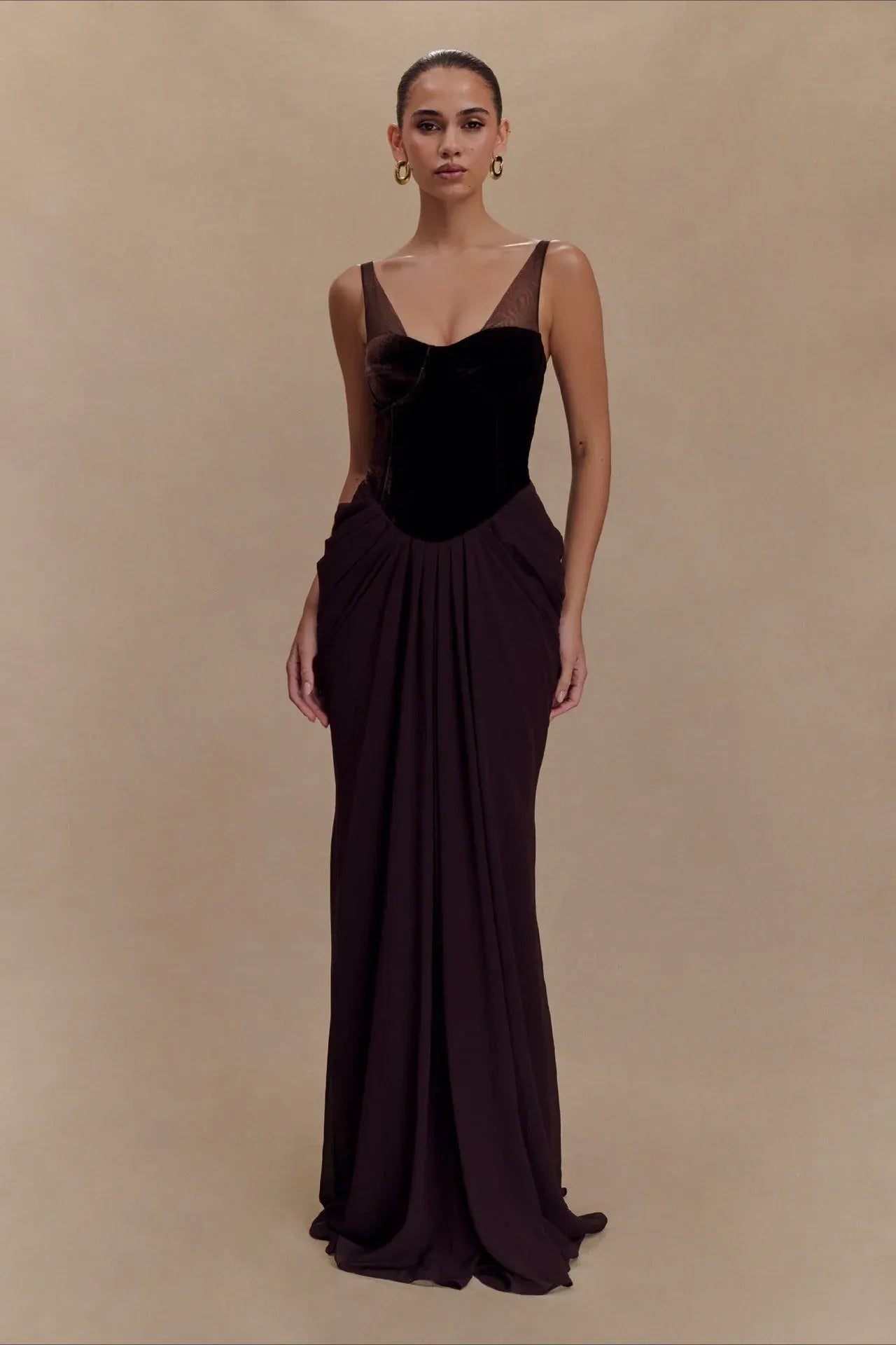 Elegant Sheath V-Neck Corset Pleated Mesh Dark Purple Floor-Length Prom Dress