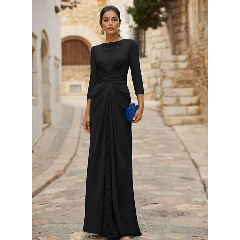 Elegant Sheath Crew Neck Long Sleeve Lace Insert Royal Blue Evening Dress For Sale