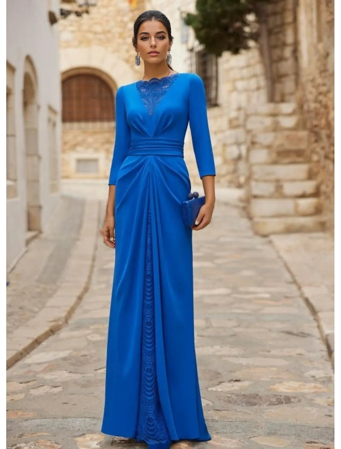 Elegant Sheath Crew Neck Long Sleeve Lace Insert Royal Blue Evening Dress For Sale