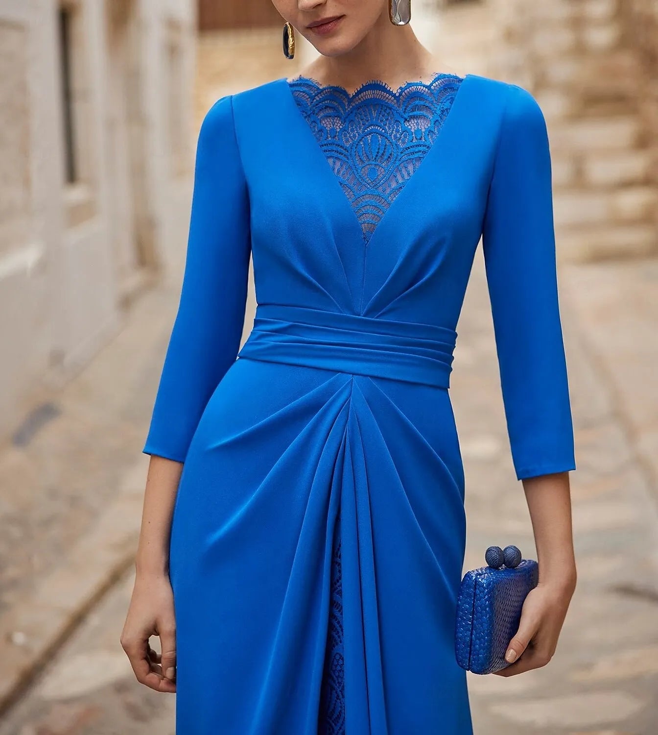Elegant Sheath Crew Neck Long Sleeve Lace Insert Royal Blue Evening Dress For Sale