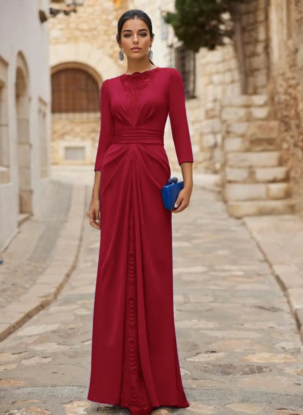 Elegant Sheath Crew Neck Long Sleeve Lace Insert Royal Blue Evening Dress For Sale