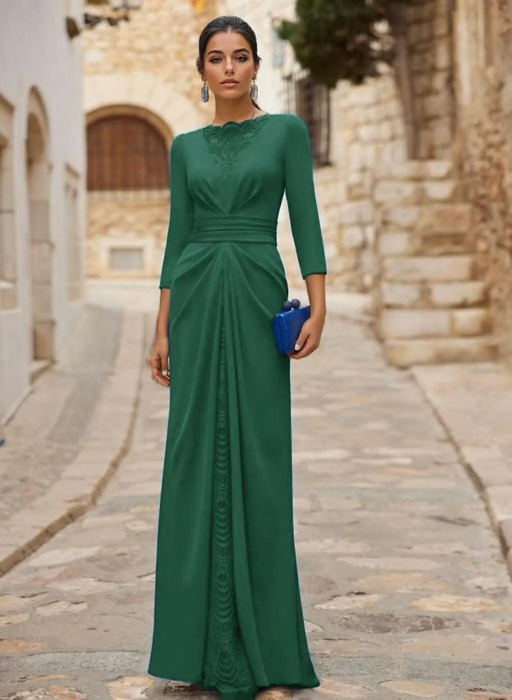 Elegant Sheath Crew Neck Long Sleeve Lace Insert Royal Blue Evening Dress For Sale