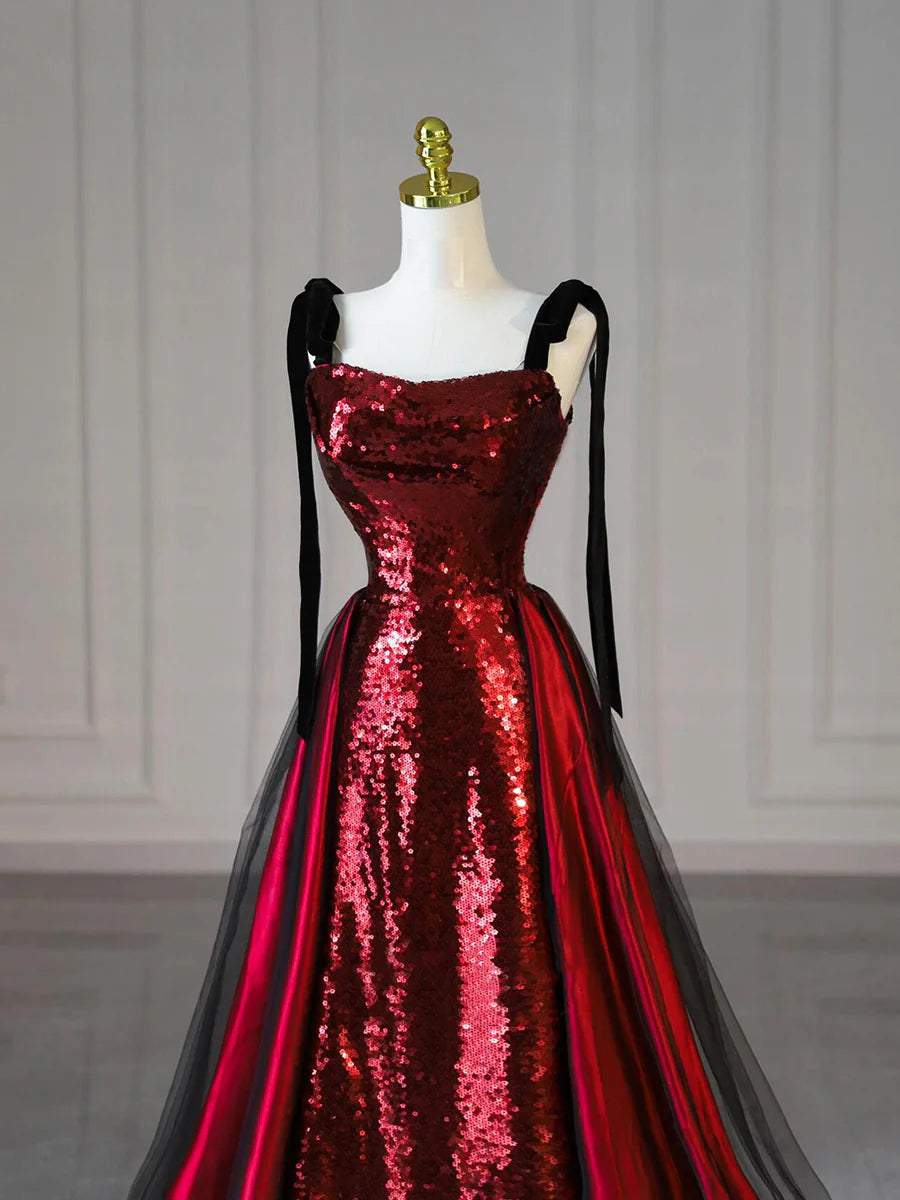 Elegant Shiny Burgundy Satin Sequins Straps Long Prom Dress Evening Party Dress