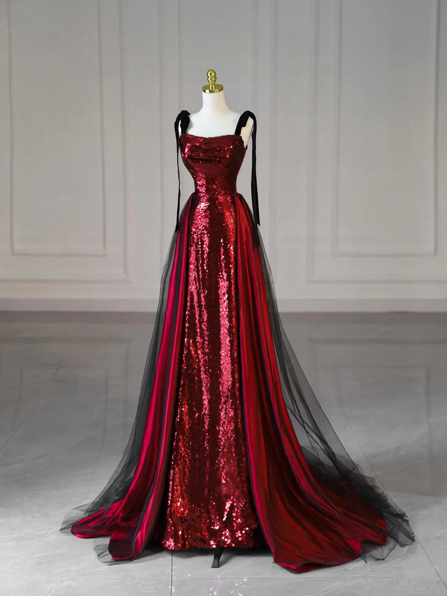 Elegant Shiny Burgundy Satin Sequins Straps Long Prom Dress Evening Party Dress