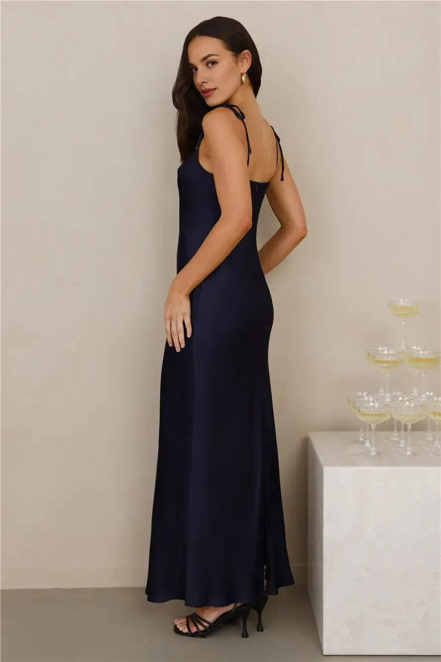 Elegant Simple Cowl Neck Tie Strap Satin Navy Maxi Evening Dress With Back Slit