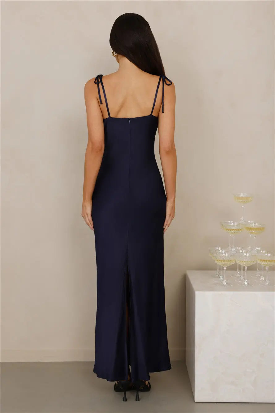 Elegant Simple Cowl Neck Tie Strap Satin Navy Maxi Evening Dress With Back Slit