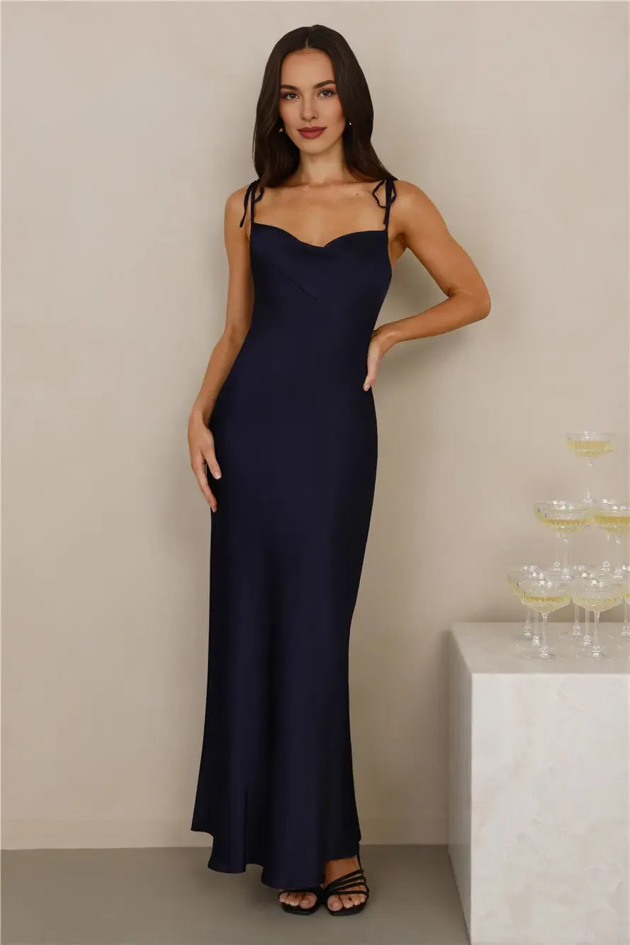 Elegant Simple Cowl Neck Tie Strap Satin Navy Maxi Evening Dress With Back Slit
