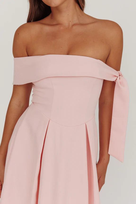 Elegant Simple Off-Shoulder Box Pleat Pink Midi Homecoming Dress Prom Dress