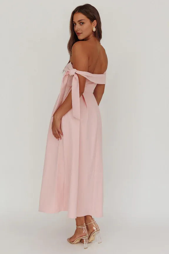 Elegant Simple Off-Shoulder Box Pleat Pink Midi Homecoming Dress Prom Dress