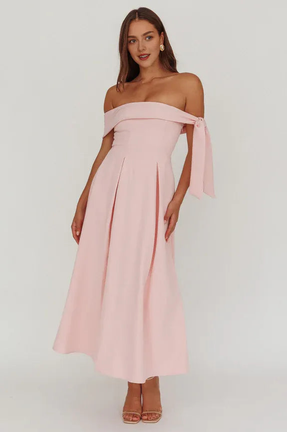 Elegant Simple Off-Shoulder Box Pleat Pink Midi Homecoming Dress Prom Dress