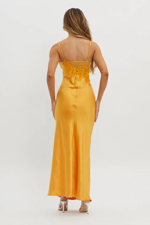 Elegant Spaghetti Straps Applique Trim Split Orange Maxi Evening Dress