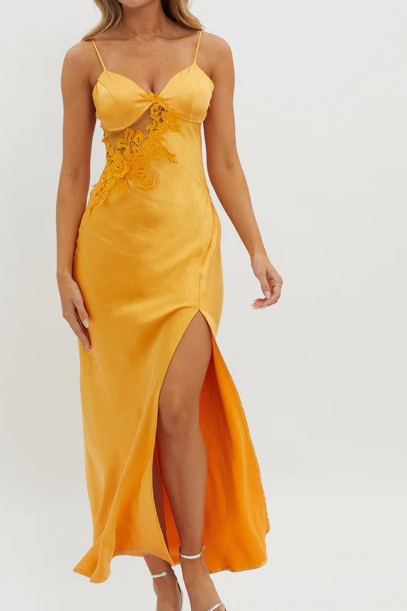 Elegant Spaghetti Straps Applique Trim Split Orange Maxi Evening Dress