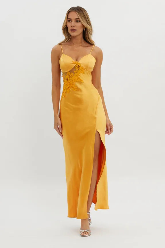 Elegant Spaghetti Straps Applique Trim Split Orange Maxi Evening Dress