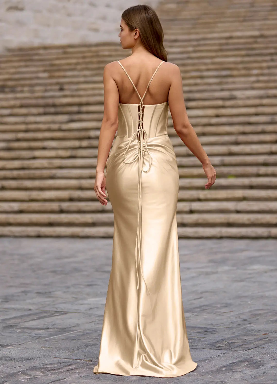 Elegant Spaghetti Straps Beaded Satin Champagne Prom Dress With Slit