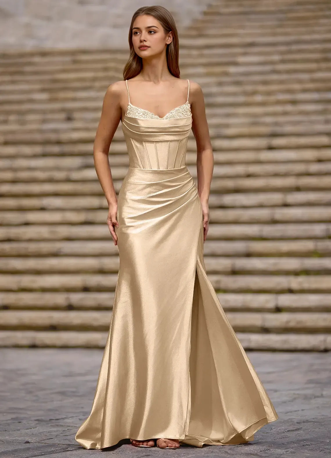 Elegant Spaghetti Straps Beaded Satin Champagne Prom Dress With Slit