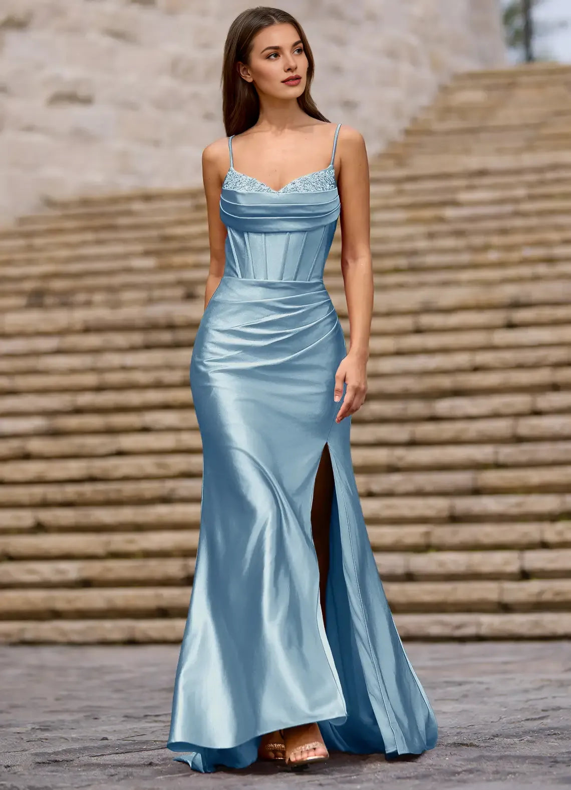 Elegant Spaghetti Straps Beaded Satin Steel Blue Prom Dress With Slit