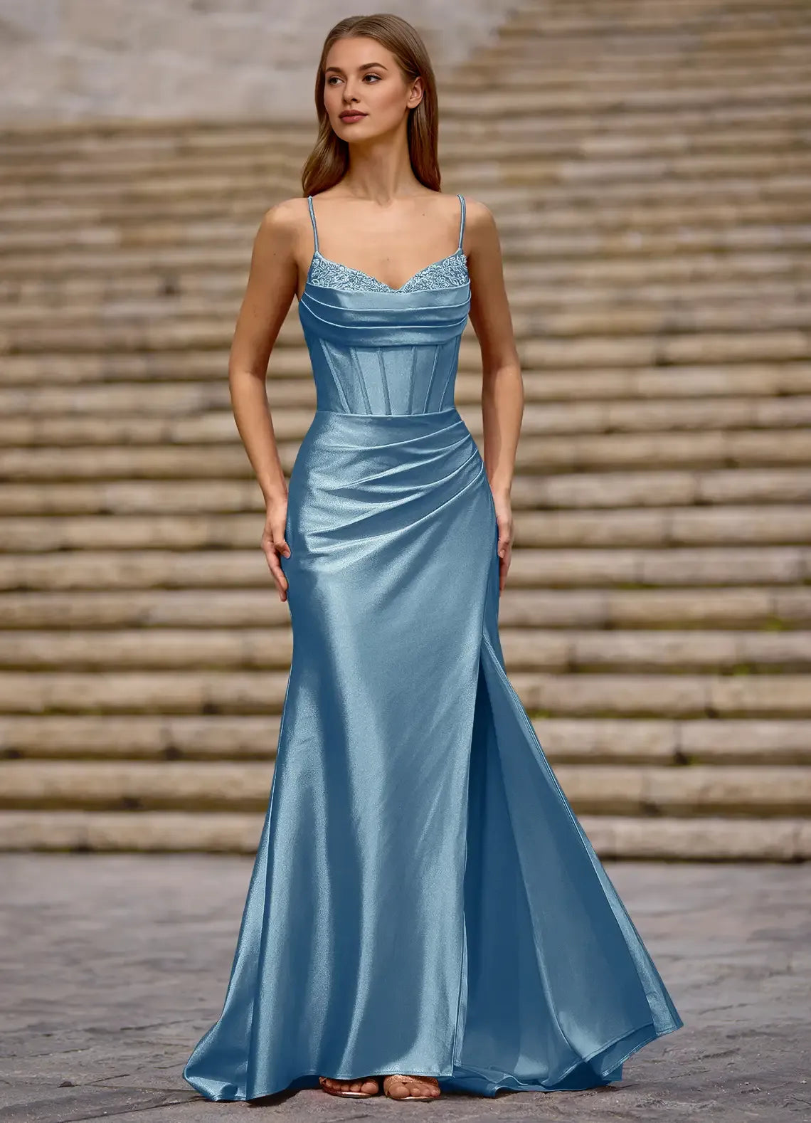Elegant Spaghetti Straps Beaded Satin Steel Blue Prom Dress With Slit