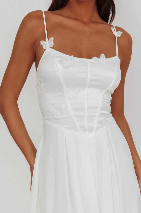 Elegant Spaghetti Straps Butterfly Applique White Prom Maxi Dress