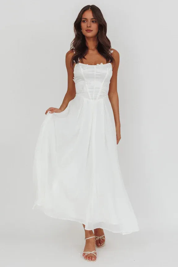 Elegant Spaghetti Straps Butterfly Applique White Prom Maxi Dress