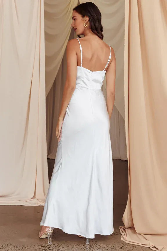 Elegant Spaghetti Straps Lace Insert White Maxi Evening Dress For Women