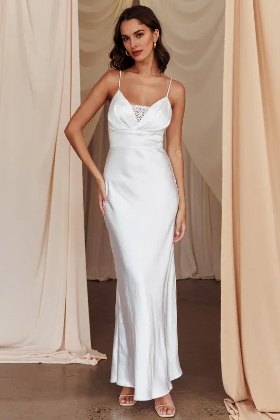 Elegant Spaghetti Straps Lace Insert White Maxi Evening Dress For Women