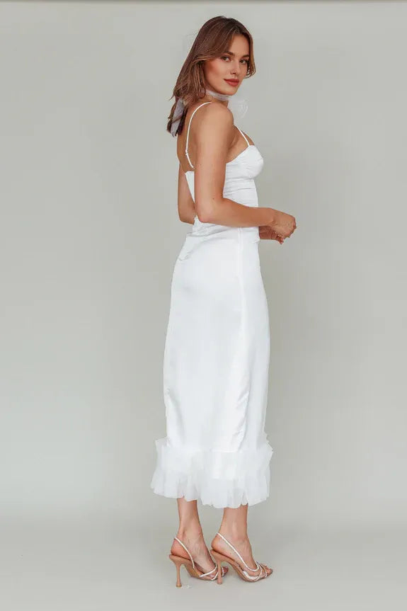 Elegant Spaghetti Straps White Midi Dress With Ruffle Hem Decoration