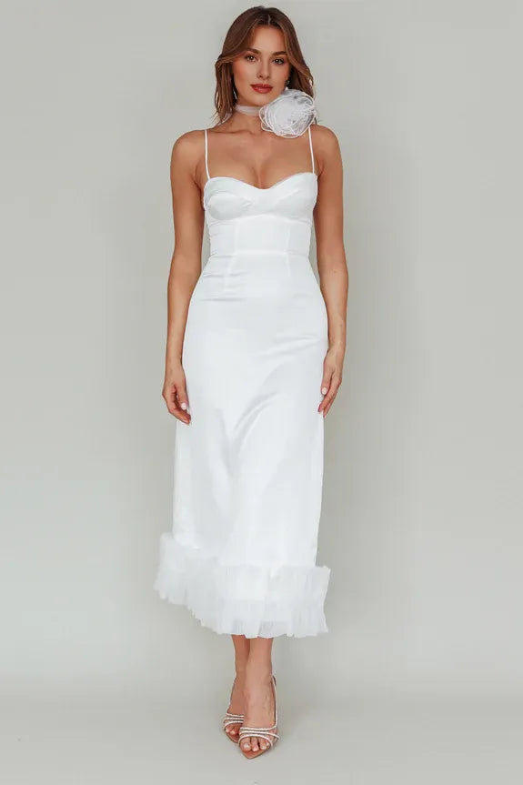 Elegant Spaghetti Straps White Midi Dress With Ruffle Hem Decoration