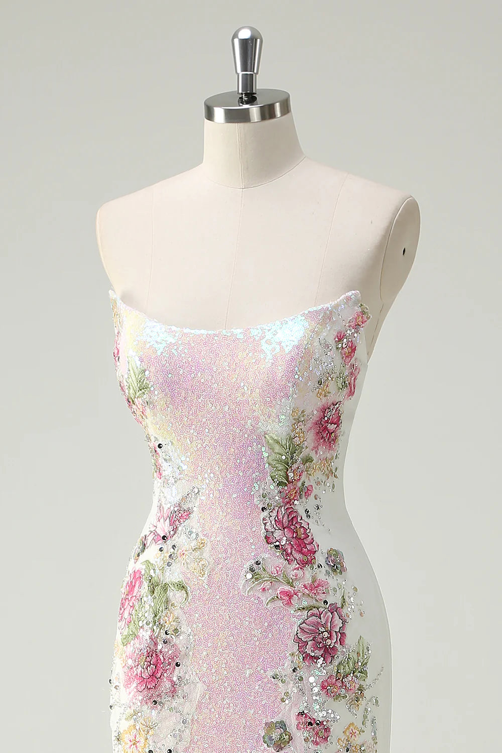 Elegant Sparkly White Floral Sequin Strapless Back zipper Mermaid Long Prom Dress