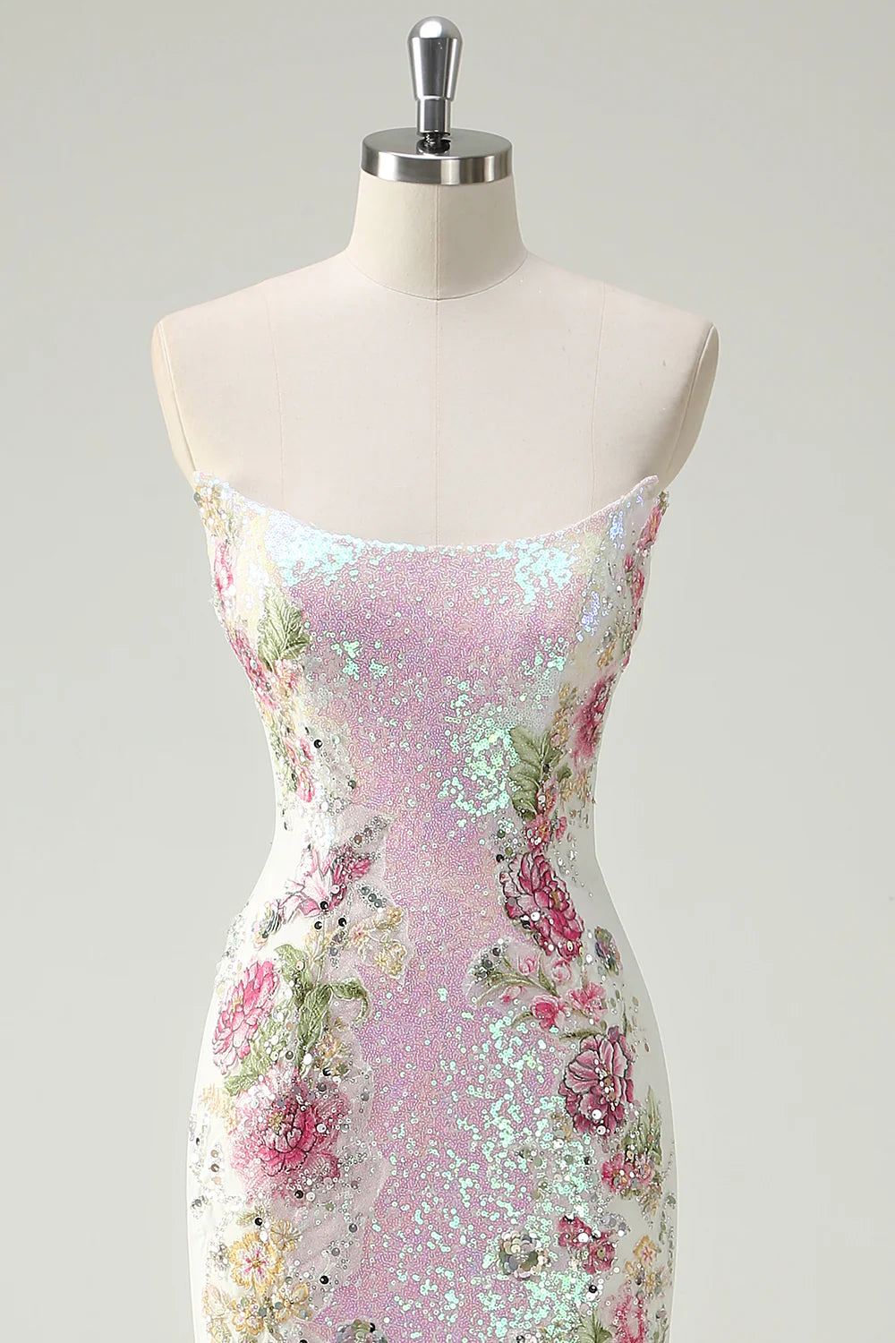 Elegant Sparkly White Floral Sequin Strapless Back zipper Mermaid Long Prom Dress