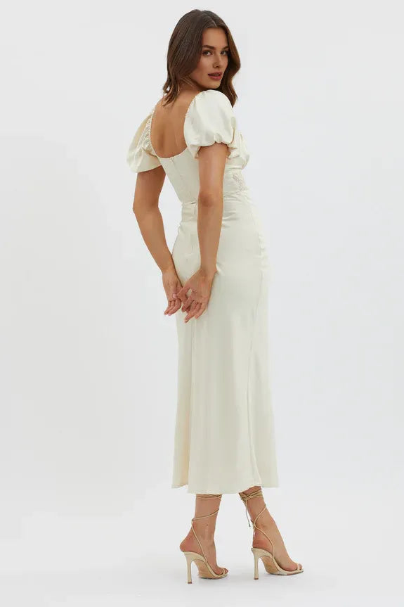 Elegant Square Neck Puff Sleeve Lace Waist Butter Midi Evening Dress