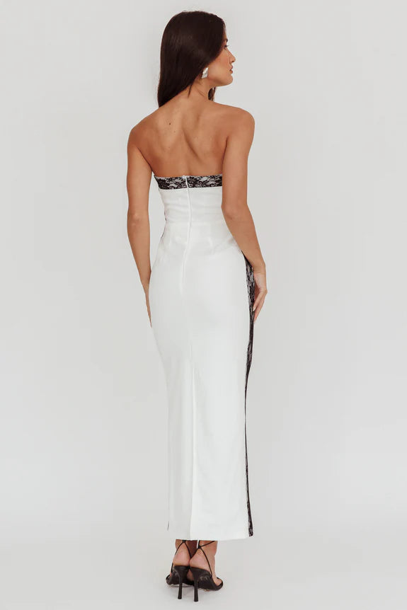 Elegant Strapless Bodycon Lace Trim White Maxi Evening Dress For Ladies