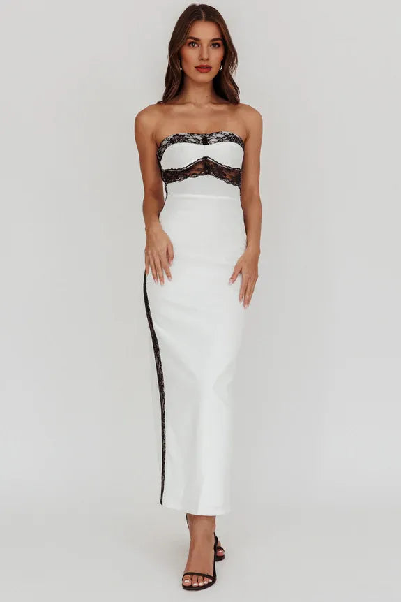 Elegant Strapless Bodycon Lace Trim White Maxi Evening Dress For Ladies